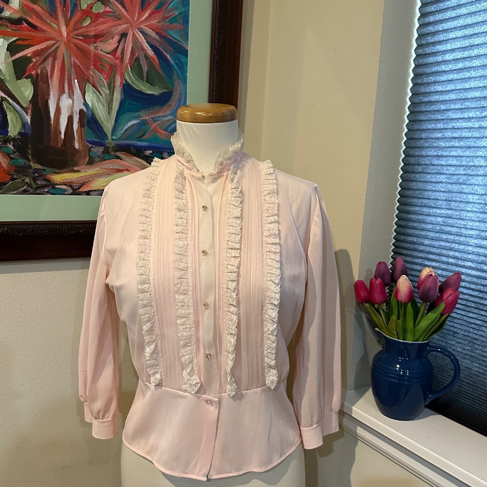 Pink Sheer Nylon Blouse with Frilly Lace and Tucks c 1950s - Size S